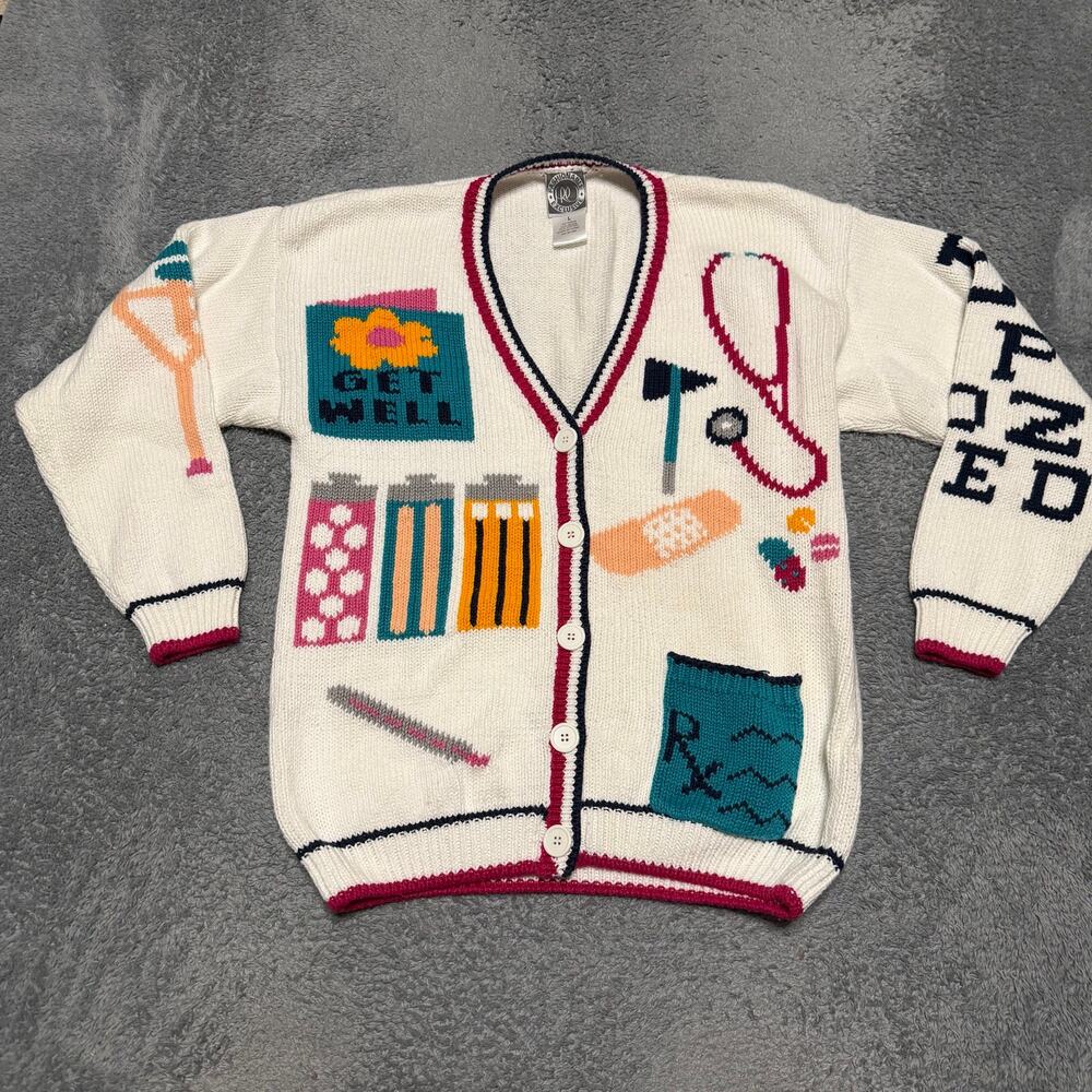 Vintage Cardigan Sweater Womens Large Nurse Medical Hospital 80s Get Well